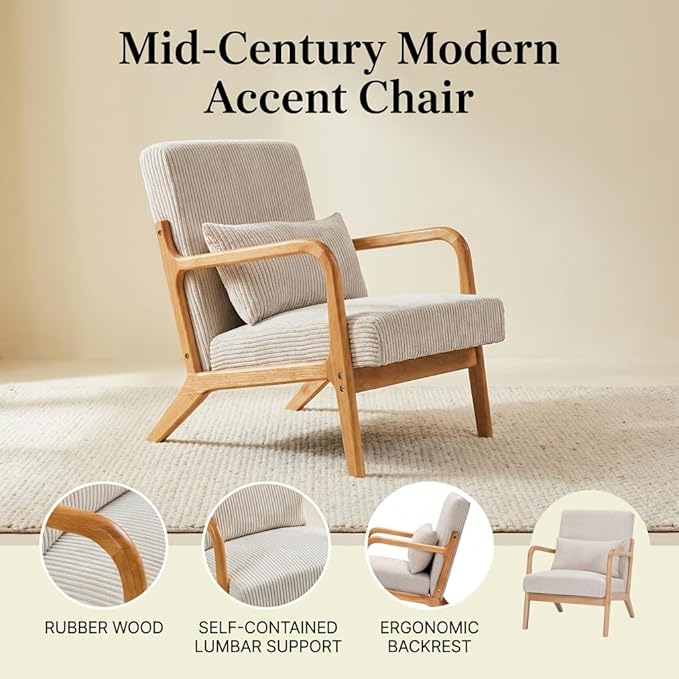 Corduroy Upholstered Mid Century Modern Accent Chair with Wide Armrests and Pillow Comfy Reading Armchair for Living Room Bedroom Guest Room (Beige+Light Oak Finish Frame)