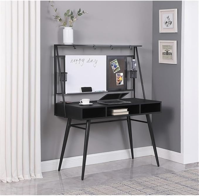 Pemberly Row Wood Writing Desk 57.5 H x 46.5 W x 20.5 D Black and Gunmetal Finish USB Ports Wireless Charger Whiteboard Modern Space-Saving Design Multifunctional Home Office Desk with