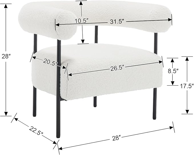 Wahson Modern Accent Chair with Black Metal Legs Boucle Upholstered Barrel Chair with Curved Backrest Small Reading Chair for Living Room/Bedroom/Office White