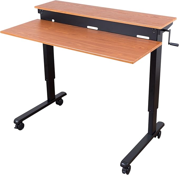 Stand Up Desk Store Crank Adjustable Two Tier Standing Desk with Heavy Duty Steel Frame (Black Frame/Teak Top 48 Wide)