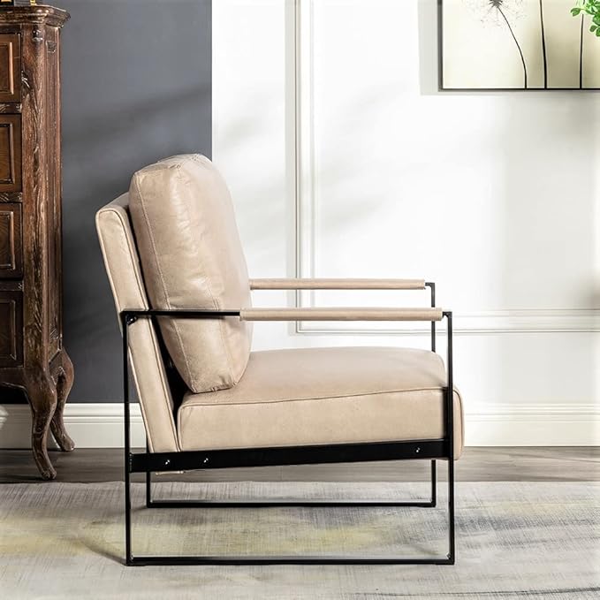 Container Furniture Classic Mid Century Modern Accent Chair with Durable Square Metal Frame Armchair for Living Room Bedroom Home Office in Spotted Microfiber Upholstery Light Camel