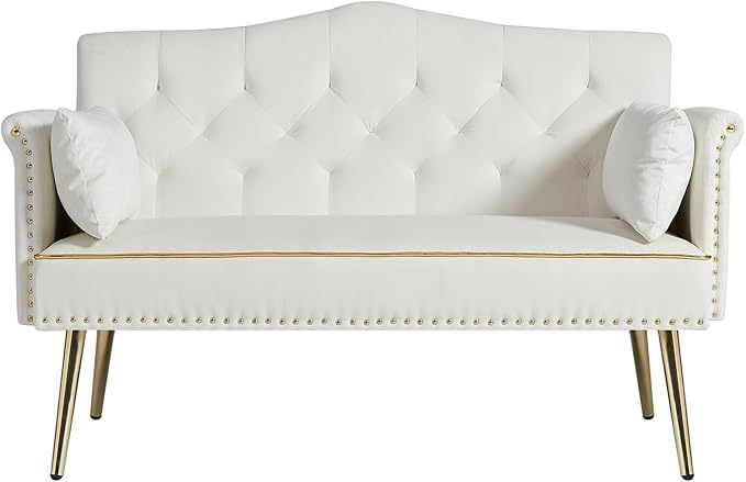 KEIKI 55 Velvet Loveseats Sleeper Sofa with 2 Arm Pocket and 4 Solid Metal Legs Modern Style 2-Seater Couch with Tufted Back and Seat Easy Assembly for Apartment Living Room and Bedroom White