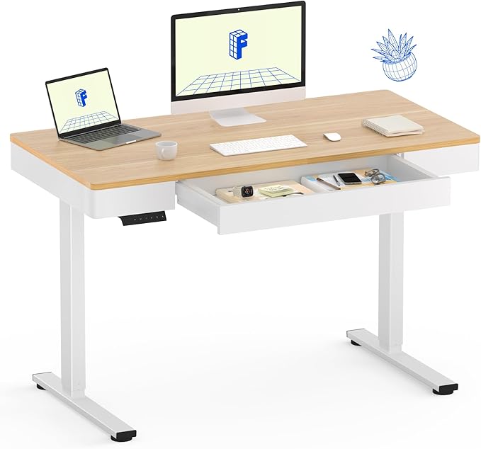 FLEXISPOT Q5 Standing Desk with Drawer 48 x 24 Inch Electric Adjustable Height Stand Up Desk with Storage Organizer Whole Piece Wooden Desktop for Home Office Computer Workstation Maple