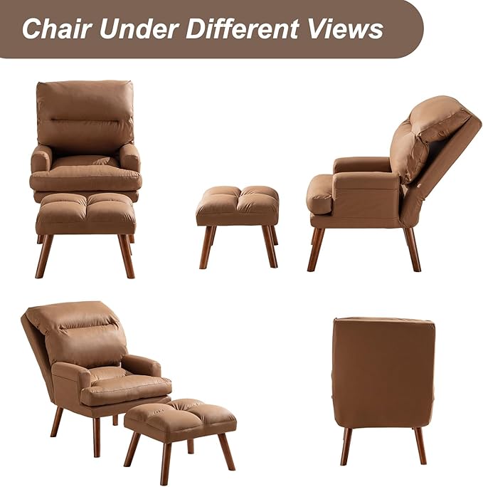 INZOY Accent Chairs with Ottoman Velvet Fabric Armchair with Ottoman for Bedroom Living Room Mid Century Modern Chair with Adjustable Backrest and Side Pockets Camel