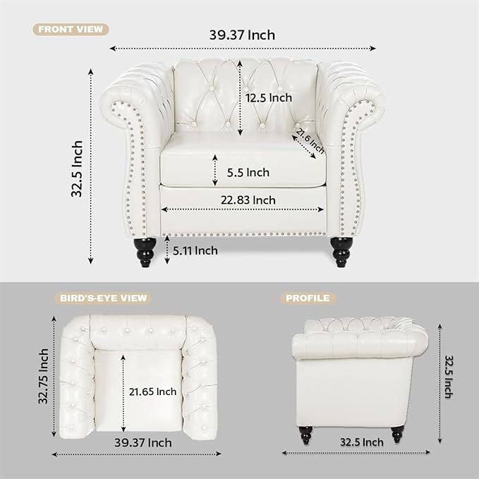 White Chesterfield Accent Chair Faux Leather Upholstered Tufted Wingback Club Chair Mid-Century Modern Living Room Chair with Sturdy Wood Frame Comfy Oversized Armchair for Bedroom Office