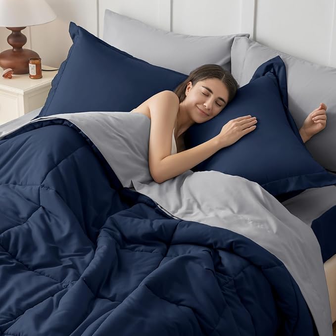 JOLLYVOGUE California King Comforter Set Ultra-Soft Cal King Size Comforter Sets 7-Piece Bed in a Bag Goose Down Alternative Oeko-TEX Certified Sheets &amp Pillowcases Navy Blue &amp Light Gre