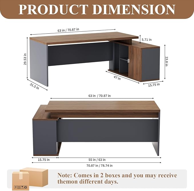 70.8 L-Shaped Executive Desk with File Drawers and Storage Cabinet Modern Large Office Desk Computer Workstation Walnut &amp Gray (Walnut &amp Gray 70.87IN)