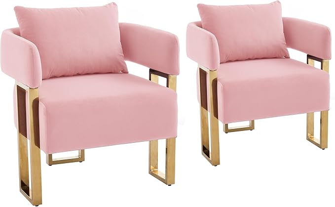 YISHENG Modern Barrel Accent Chairs Set of 2 Living Room Side Chairs with Golden Metal Legs Velvet Upholstered Reading Armchairs no Wheels for Vanity/Reception Room//Bedroom/Lounge/Office Pink