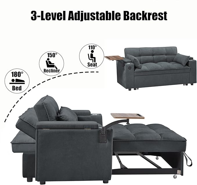 65'' Convertible Sleeper Sofa Bed with Adjustable Backrest Chaise Lounge Side Table &amp USB/Type-C Ports – Stylish &amp Functional Addition to Any Living Room (Drak Grey)