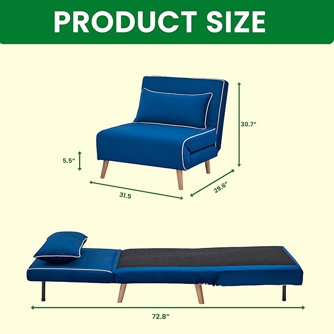 3-in-1 Convertible Sofa Bed Futon Sofa Bed with Pillow &amp Adjustable Backrest Recliner Sleeper Sofa for Small Spaces Living Room Bedroom or Office Blue 2 Set