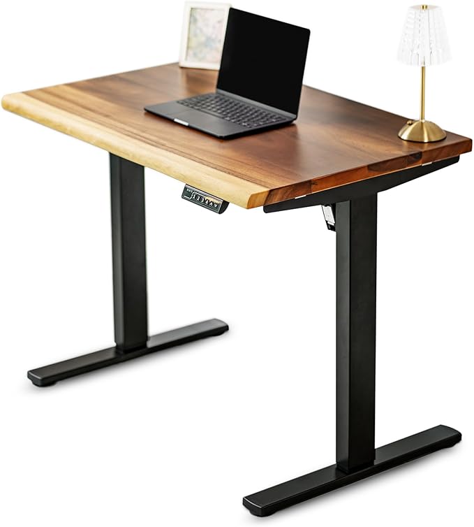 Small Standing Desk – Walnut Solid Wood Desk Natural Live Edge Adjustable Height Dual Motor Sit Stand for Home Office (Black W38 x D25)
