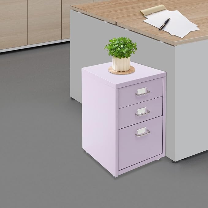 File Cabinet 3 Drawer Filing Cabinet with Wheels Metal Under Desk Storage Cabinet for Home Office Commercial Hanging File Folders Organizer for Letter/A4 Size(Purple)