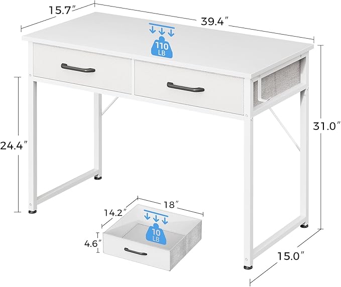Casaottima 40 Inch Small Office Computer Desk with 2 Drawers &amp Headphone Hook - Compact Writing Desk for Home Office Study or Work Modern Space-Saving Design for Small Spaces White