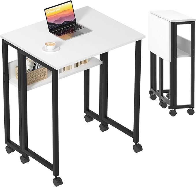 GreenForest Folding Desk Small Rolling Desk with Storage Shelf 24.8 inch Foldable Computer Desk with Wheels for Small Space Easy AssemblyWhite