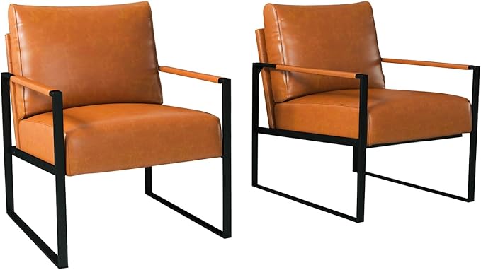 INZOY Leather Accent Chair with Metal Frame Set of 2 Comfy Living Room Chair with Plump Backrest and Cushion Mid Century Modern Chair with Sturdy Structure Easy to Clean Brown