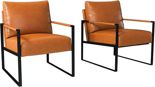 INZOY Leather Accent Chair with Metal Frame Set of 2 Comfy Living Room Chair with Plump Backrest and Cushion Mid Century Modern Chair with Sturdy Structure Easy to Clean Brown