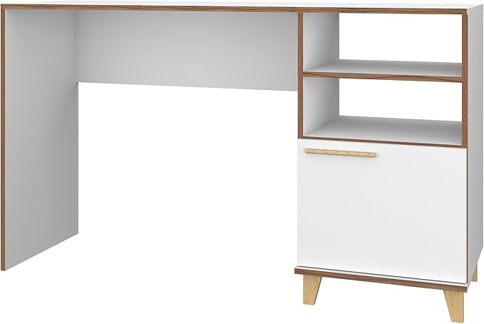 Manhattan Comfort Minetta 53 Inch Office Desk with 2 Open and 1 Concealed Shelf Mid Century Modern Computer Table with Metallic Hinges and Solid Wood Splayed Legs  White
