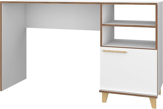 Manhattan Comfort Minetta 53 Inch Office Desk with 2 Open and 1 Concealed Shelf Mid Century Modern Computer Table with Metallic Hinges and Solid Wood Splayed Legs  White