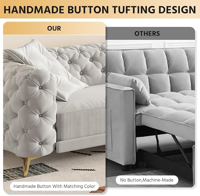 97.7'' Velvet Pull Out Sofa Bed King with Ottoman 3-in-1 Convertible Sleeper Sofa Couch Modern Tufted Deep Seat Couch with Pillows Comfy Couches for Living Room Light Grey