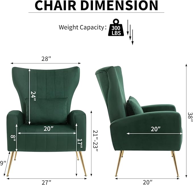 Modern Accent Chairs Set of 2 Wingback Chair with Arm &amp Gold Legs Living Room Bedroom Side Chair with Lumbar Pillow Velvet Upholstered Channel Tufted Green