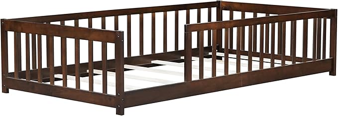Bellemave Twin Floor Bed with Slats and Safety Guardrails Twin Size Montessori Floor Bed with Fence and Without Door Easy Assemble Montessori Beds Frame for Girls Boys Pink Espresso