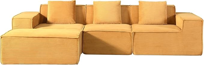 Harper Convertible Corduroy Sectional Couch with Ottoman &amp Pillows Modular L Shaped Sleeper Sofa Boneless Cloud Couch for Living Room Furniture Ginger Yellow