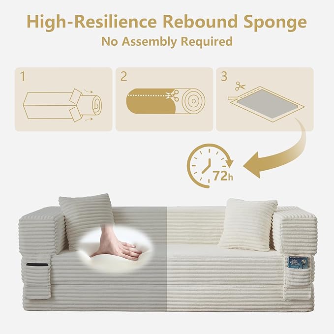 GNIXUU 78.7 Boneless Convertible Sleeper Sofa Bed 4-in-1 Folding Corduroy Futon Couch Bed Oversized Loveseat Modular Floor Mattress Couch for Living Room Bedroom Lounge No Assembly Beige