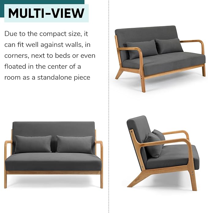 JOYBASE Loveseat Sofa for Small Space Mid-Century Modern Wood Love Seat Couch Sofa with Armrests for Living Room Apartment Office Bedroom (Dark Grey Fabric)