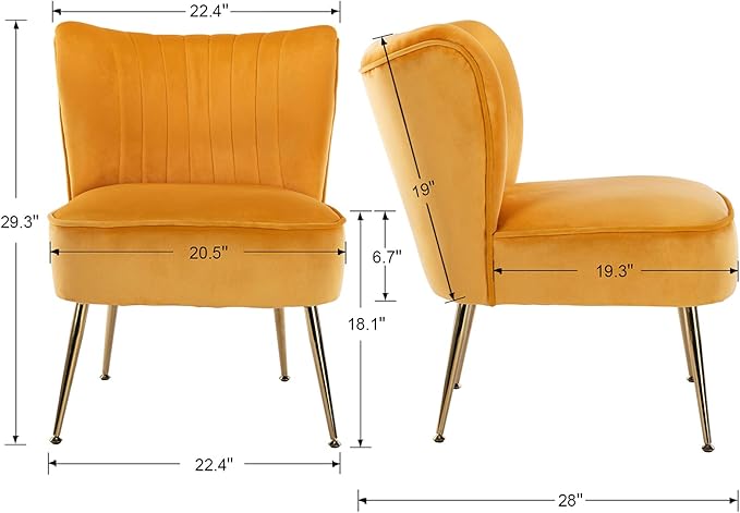 DUOMAY Modern Accent Chair Set of 2 Velvet Slipper Chair with Gold Legs Wingback Side Chair for Living Room Bedroom Entryway Small Corner Chair for Space Saving Yellow