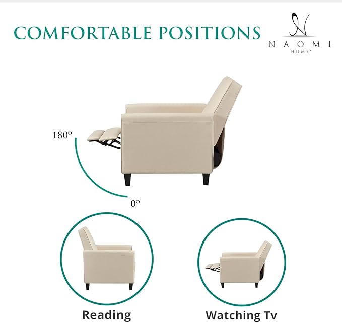 Naomi Home Landon Cream Linen Push-Back Recliner Compact Comfort for Small Spaces Plush Cushioning Modern Armless Club Chair Design