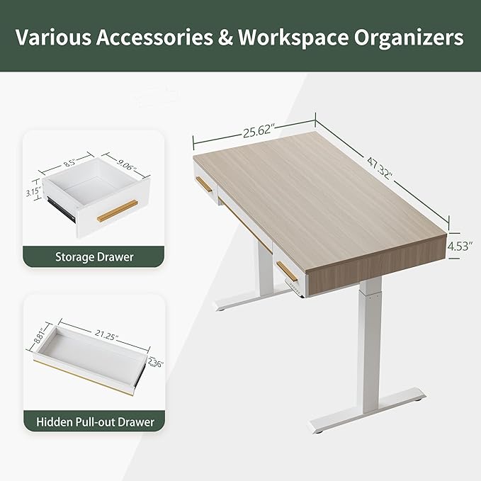 FEZIBO Mid Century Modern Electric Standing Desk with 3 Drawers 48 x 26 Inches Whole Piece Sit Stand Up Home Office Desk White Top with White Frame (2 Packages)