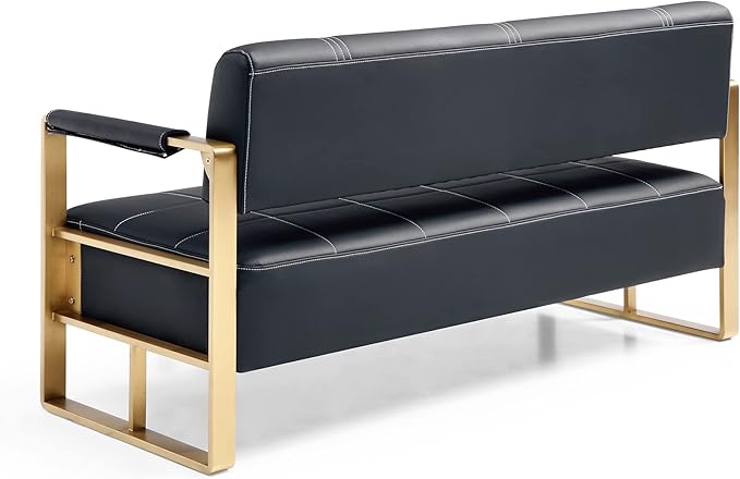 57.9 Modern Leather Loveseat Sofa Upholstery Faux Bonded Leather Accent Futon Couch with Metal Square Arms for Living Room Office Apartment (Black)