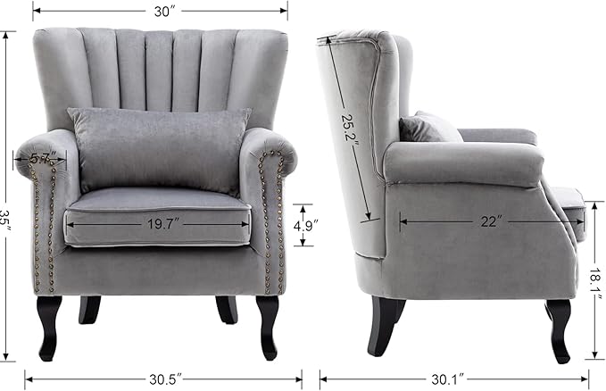 Kmax Grey Accent Chair Velvet Wingback Chair with Pillow Nail-Head Channel Tufted Oversized Club Chair for Living Room Bedroom Guest Room