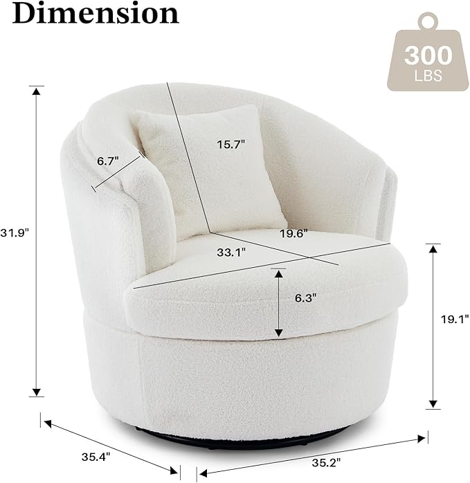 Swivel Accent Chair 360 Degree Round Swivel Barrel Chair with Pillow Widened Upholstered Boucle Chair Comfy Sherpa Barrel Armchair for Living Room Bedroom Reading Room White