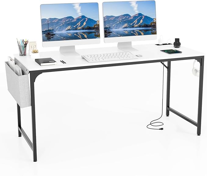 COSTWAY Home Office Desk 32 Inch Computer Desk with Recessed Power Strip Storage Bag &amp Headphone Hook Wide Desktop Modern Computer Workstation Writing Table for Home Office (White + Black)
