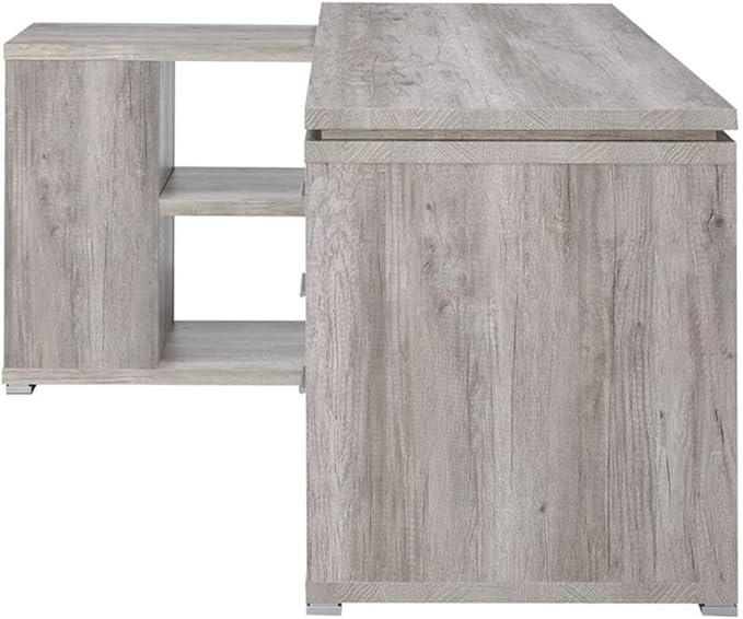 Pemberly Row L-Shaped Corner Storage Desk 60W x 47.25D x 29.5H Grey Driftwood Finish Engineered Wood 5 Shelves 3 Drawers Built-In File Cabinet for Letter/Legal Files Reversible Home Office