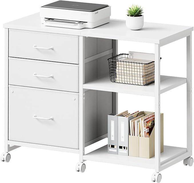 3 Drawer File Cabinet with Wheels Rolling Printer Stand with Open Storage Shelf Fabric Lateral Filing Cabinet for Home OfficeWhite