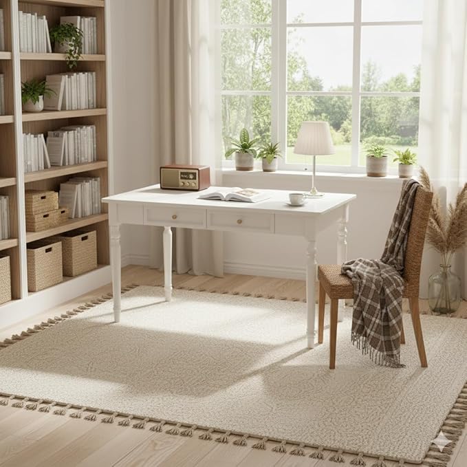 French Country Style White Writing Desks with Drawers 47 Solid Wood Farmhouse Computer Table for Home Office Living Room Study or Workspace (White)