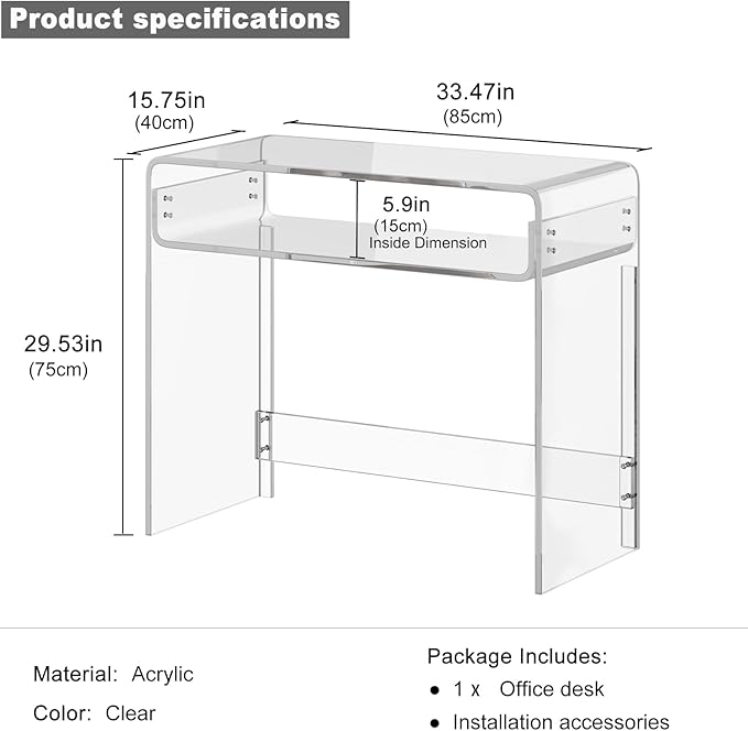Acrylic Office Desk Modern Laptop Writing Study Table with Open Storage Transparent Console Entryway Table 33.5 L x 15.8 W x 29.5 H for Home Bedroom (Clear)