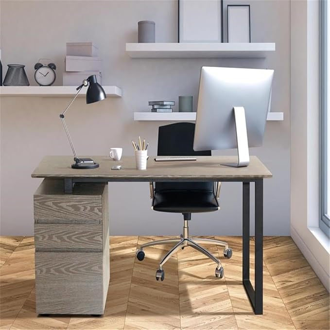 Pemberly Row 48 Reversible Home Office Desk Gray Wood Finish MDF and Steel Construction 3 Drawers with 1 File Cabinet Modern Design Compact Workspace for Home or Office Use