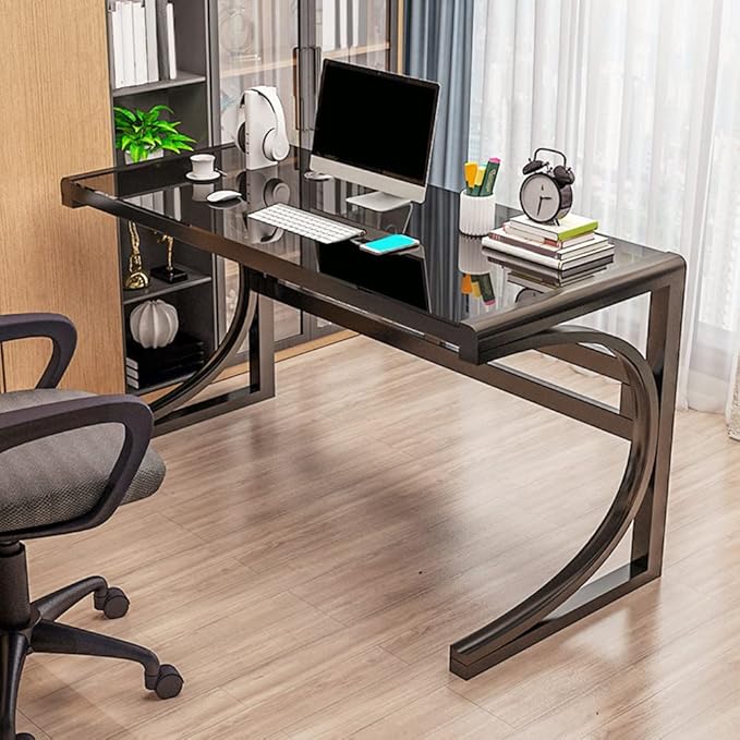 LITFAD Modern Office Desk Tempered Glass Desktop Computer Desk Home Office Study Desk with Metal Legs - 47.2 L x 23.6 W x 29.5 H Black Base &amp Black Table Top Without Chairs