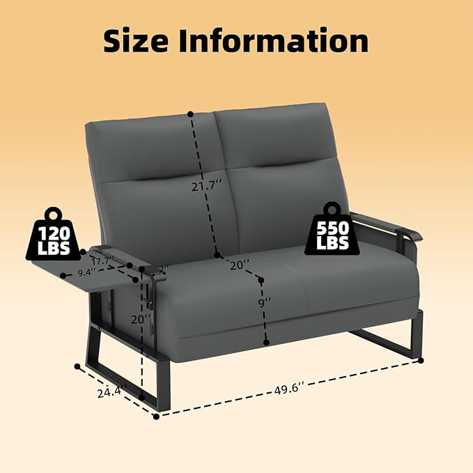 Faux Leather Loveseat Couch for Living Room Bedroom Office Small Sofa 2 Seater Couch with Flip Up Tray Table Side Pockets Leather Loveseats Gray
