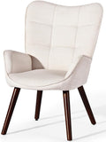FurnitureR Tufted Wingback Accent Chair for Bedroom/Lounge Leisure Armchairs High Back Ergonomic Fabric Upholstered Living Room Chair Comfortable Stylish with Solid Wood Legs Beige/Walnut