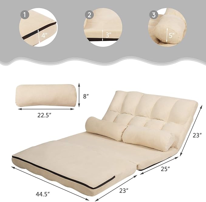 S AFSTAR Safstar Floor Folding Couch and Futon Sofa 6-Position Fabric Sleeper Sofa Bed with 2 Pillows and Sponge Filling Adjustable Lazy Sofa for Living Room and Bedroom(Beige)