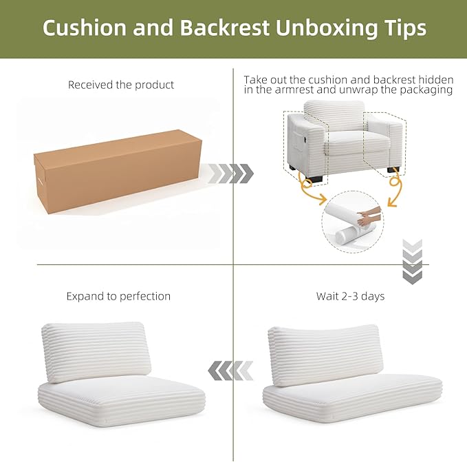 46.1''W Oversized Accent Chair Modern Single Armchair with USB Charger &amp Storage Pocket Comfy Reading Chair Tufted Corduroy Fabric for Living Room Bedroom Apartment Office (Beige)