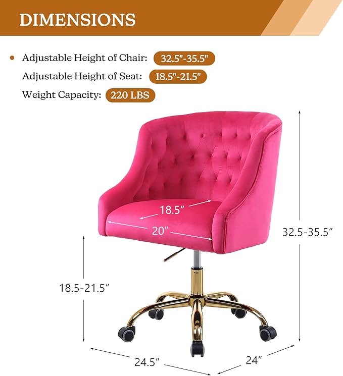 Velvet Home Office Chair with Gold Base Comfortable Modern Cute Desk Chair Adjustable Swivel Task Chair for Living Room Bedroom Vanity Study Fushia