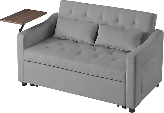 3-in-1 Convertible Sleeper Sofa Bed Pullout Couch with 360° Swivel Side Table Modern Chenille Fabric Easy to Assemble Folding Loveseat Sofa Bed for Living Room &amp Guest Room