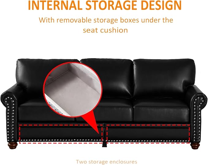 KEIKI 82.68 Chesterfield Sofa Retro Style Upholstered Faux Leather PU Couch with Storage Space Rolled Arm Nailhead for Living Room Bedroom Office Apartment Black