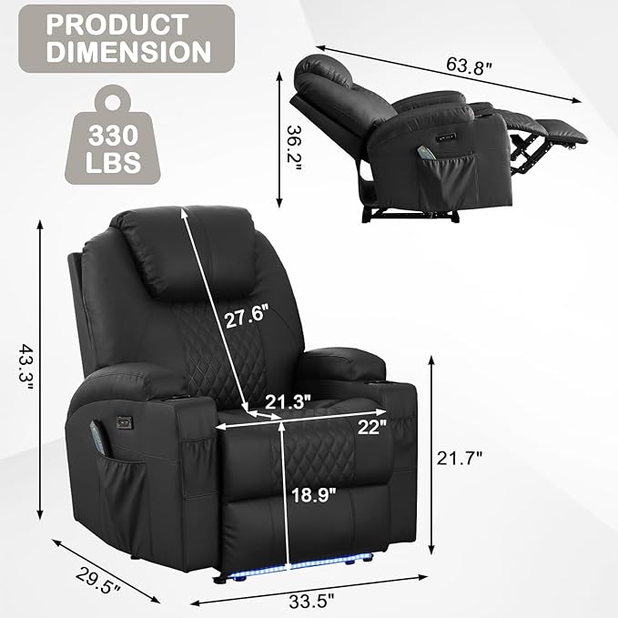 Power Recliner Chair with Heat and Massage for Adults - Home Theater Seating with LED LightsCup HoldersSide PocketUSB Port - Recliner Sofa for Living Room (Black Set of 2)