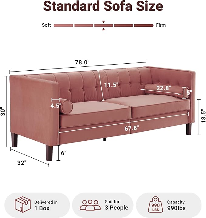Dreamsir 78'' W Velvet Sofa Mid-Century Modern Love Seats Sofa Furniture with Bolster Pillows Button Tufted Couch for Living Room Pink
